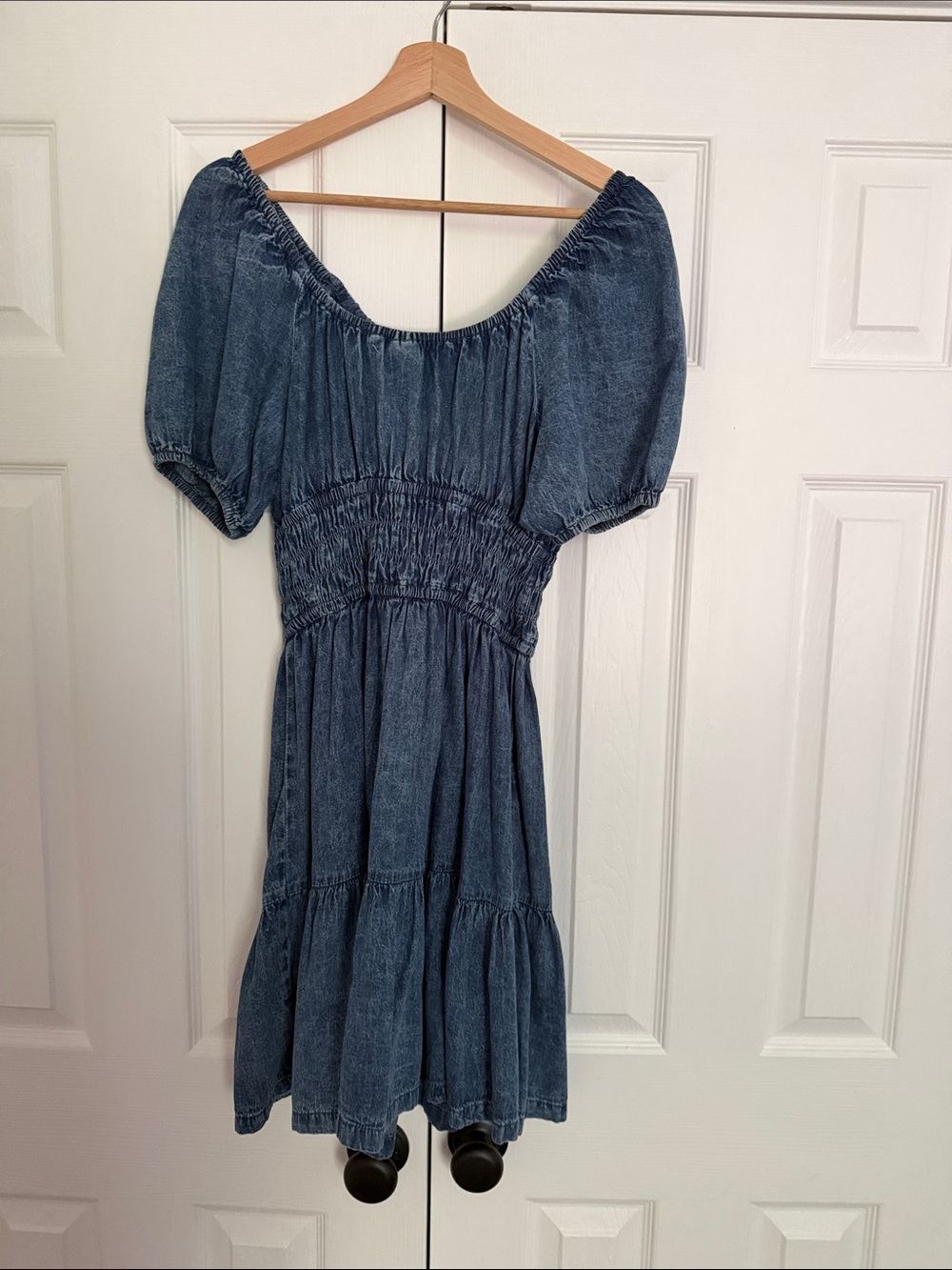 GAP Denim Blue Puff-Sleeve Smocked Mini Dress - Picture 5 of 6
